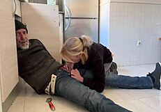 hot wife blowjob to the plumber in the kitchen with cum in mounth