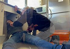 hot wife blowjob to the plumber in the kitchen with cum in mounth