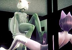 Furry Yaoi: Grey and Pink Cat Boys Bang in Public Toilet
