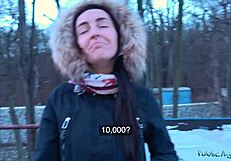 brunette with natural tits has sex for cash outdoors