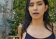 Skinny Latina Brunette Stuns with Wet Tits in Beautiful Forest Nature Scene. Watch Her Now.