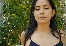 Skinny Latina Brunette Stuns with Wet Tits in Beautiful Forest Nature Scene. Watch Her Now.