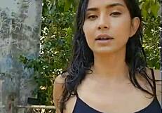 Skinny Latina Brunette Stuns with Wet Tits in Beautiful Forest Nature Scene. Watch Her Now.