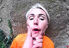 sexy prisoner sucks monster cock deeply then gets anal fucked outdoors with facial