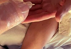 Stepdad rubs wet shaved pussy, then spills cum in her panties.