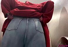 Follow my chubby BBW girlfriend's big ass into the bathroom for fun