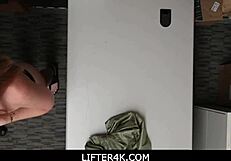 Lifter4k officer face fucks teen thief Kat Monroe with his thick cock at work.