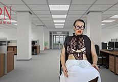 Adorable secretary in stockings undresses at office, seducing boss by showing her pussy and tits.