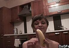 Dagfs - Freckled babe slams dildo on kitchen counter