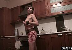 Dagfs - Freckled babe slams dildo on kitchen counter