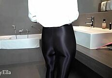 ella taking a soapy shower in shiny leggings with blowjob.