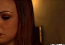 Blonde lesbian slave handcuffed, fingered by dominant mistress