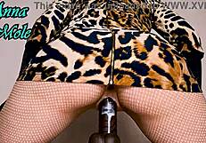 Juicy pussy penetration close up pawg in tight dress and gloves sensually rides big toy