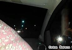 Sucking friend in moving car with open windows, husband filming