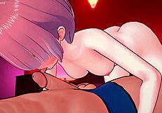 Ram, in the hotel of love, jerks off with his feet while wearing only a towel in 3D anime.