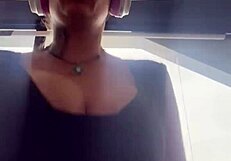 blonde with big tits runs at gym, tits pop out, gets so wet.