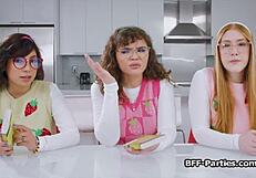 book club turns into foursome with nerdy girlfriends sharing blowjobs