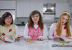 book club turns into foursome with nerdy girlfriends sharing blowjobs