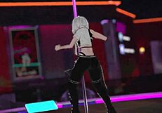 In the virtual world of vrchat, a dancer performs an energetic pole routine.