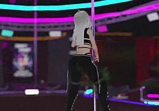 In the virtual world of vrchat, a dancer performs an energetic pole routine.