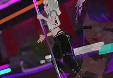 In the virtual world of vrchat, a dancer performs an energetic pole routine.