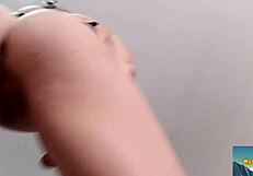 suggestive view of shaved pussy from below