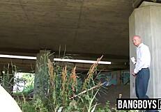 Three Hot Twinks Spit And Bareback Outdoors With Older Gay Guy In Hardcore 4some Double Penetration