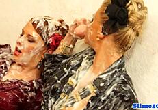 This classy Eurobabe in heels gets sprayed with cum by a gloryhole cock