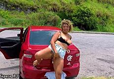 Fat milf slut steps out of the car on a hot day, craving relief by touching herself outdoors