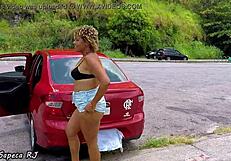 Fat milf slut steps out of the car on a hot day, craving relief by touching herself outdoors