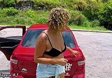 Fat milf slut steps out of the car on a hot day, craving relief by touching herself outdoors