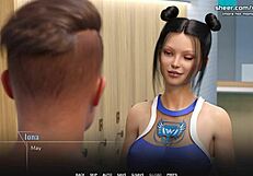 Busty young 18+ babe performs handjob and tit job in public college shower.