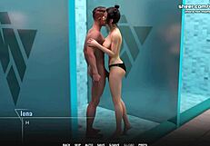 Busty young 18+ babe performs handjob and tit job in public college shower.