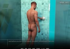 Busty young 18+ babe performs handjob and tit job in public college shower.