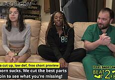 Giggles rubs her petite feet all over my huge cock at the beach