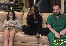 Giggles rubs her petite feet all over my huge cock at the beach