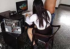 Helping my cute Latina neighbor, I cum on her uniform