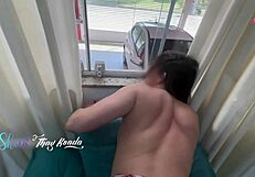naughty wife bangs her ass by the open window letting him fill her up 😜
