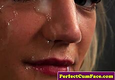 British skank gets face covered in jizz after intense cocksucking