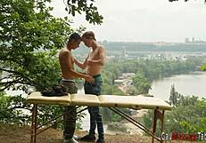 Young gay masseuse gives handjob blowjob and rides dick bareback for cumshot massage.