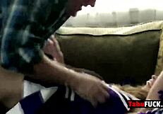 Stepdad rocks stunning brunette cheerleader babe's pussy hard with big cock in uniform hardcore fucking scene