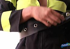 Naughty Firefighter Strips in Heels Outdoors