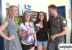 Look at these hot babes flashing tits and ass for cash!