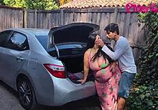 steamy stepmom cougar seduces young man outdoors in car