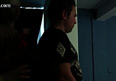 Busty British CFNM mistresses wanking submissive in group!