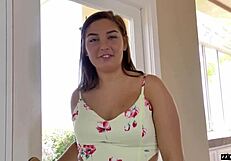 Sweet brunette in roleplay bends over for doggystyle fuck and swallows cum.