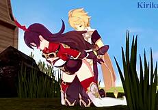 Amber and Fischl in Intense Sex with Amy and Aether - Genshin Impact Hentai