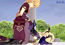 Amber and Fischl in Intense Sex with Amy and Aether - Genshin Impact Hentai