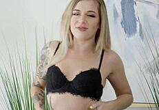 Blonde beauty rory in heels and tattoos teases with striptease before hard cowgirl fucking