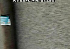 Girl with huge tits gives blowjob in bathroom, naked and exposed outdoors